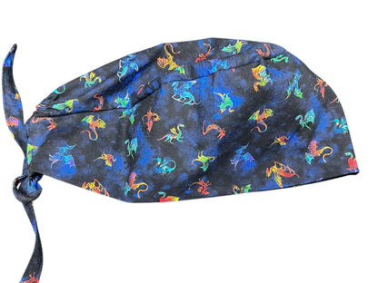 Scrub cap for men: dragon print surgeon style with ties