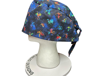 Scrub cap for men: dragon print surgeon style with ties