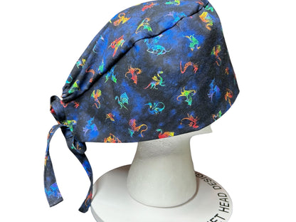 Scrub cap for men: dragon print surgeon style with ties