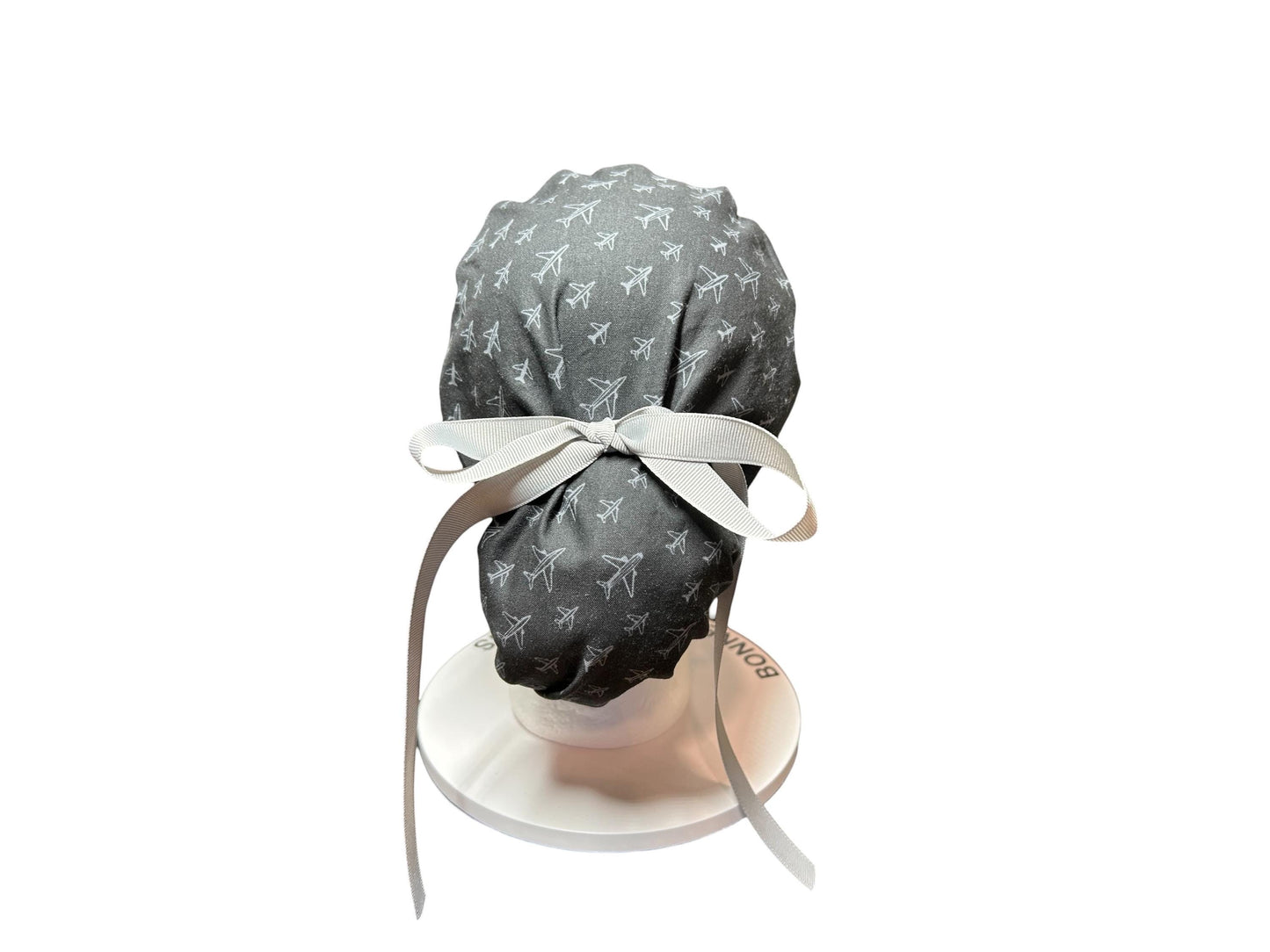 Airplane Print women's ponytail scrub cap with satin lining option