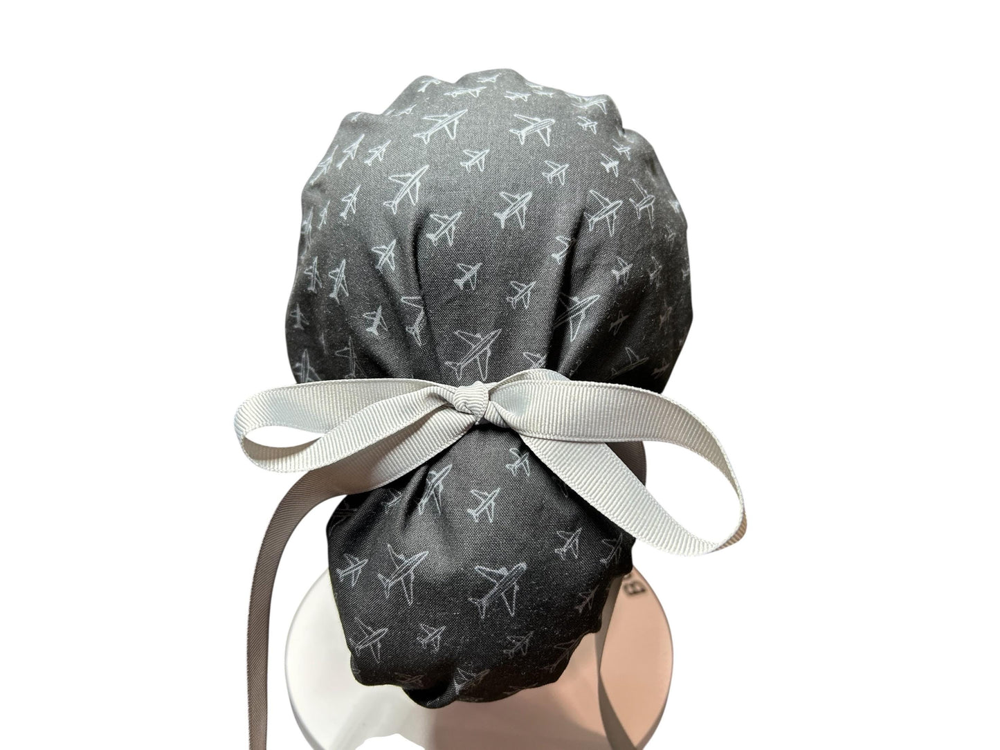 Airplane Print women's ponytail scrub cap with satin lining option