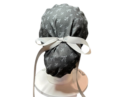 Airplane Print women's ponytail scrub cap with satin lining option