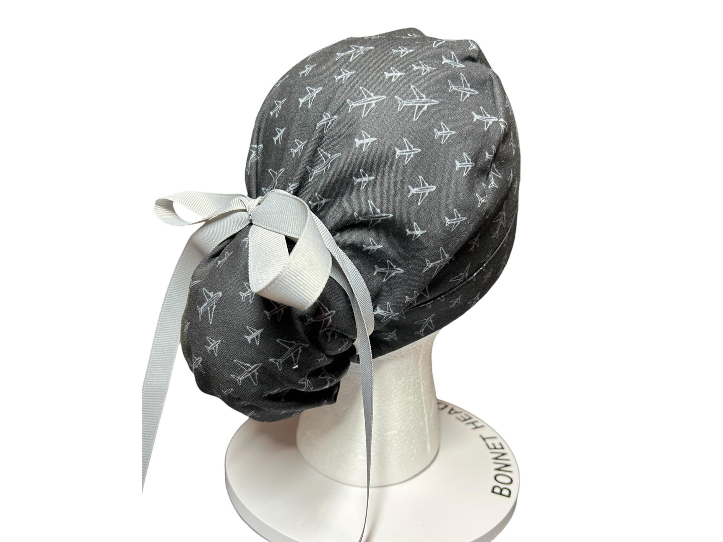 Airplane Print women's ponytail scrub cap with satin lining option