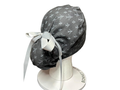 Airplane Print women's ponytail scrub cap with satin lining option
