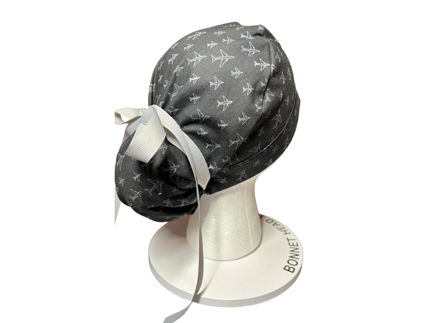 Airplane Print women's ponytail scrub cap with satin lining option