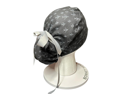 Airplane Print women's ponytail scrub cap with satin lining option