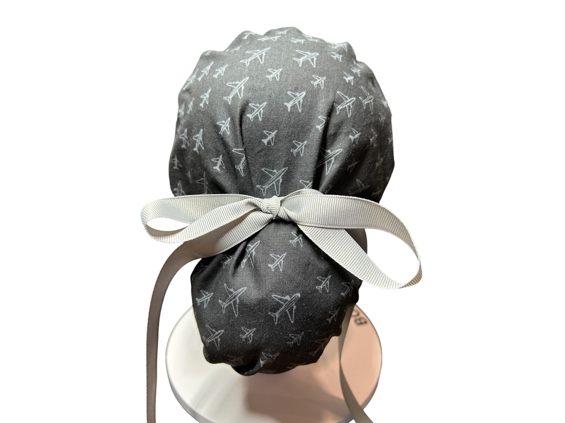 Airplane Print women's ponytail scrub cap with satin lining option