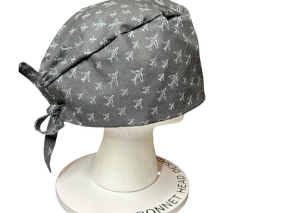 Scrub caps for men: Black and Gray Airplane print, surgeon style with ties