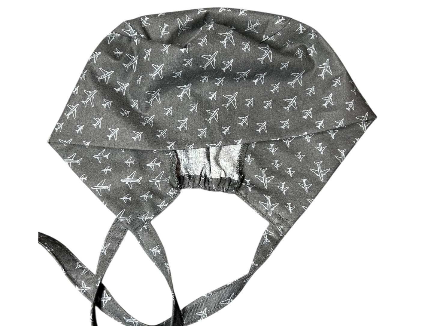 Scrub caps for men: Black and Gray Airplane print, surgeon style with ties