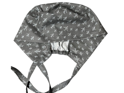 Scrub caps for men: Black and Gray Airplane print, surgeon style with ties