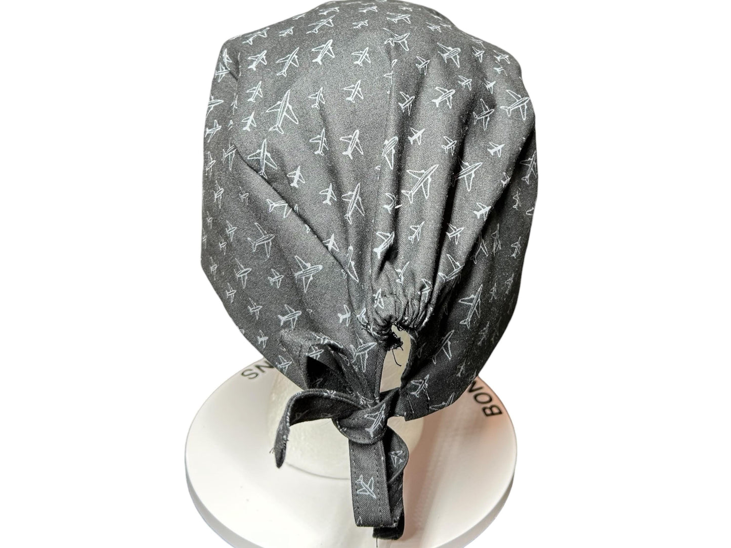 Scrub caps for men: Black and Gray Airplane print, surgeon style with ties