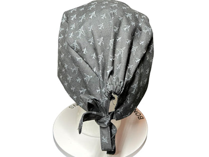 Scrub caps for men: Black and Gray Airplane print, surgeon style with ties