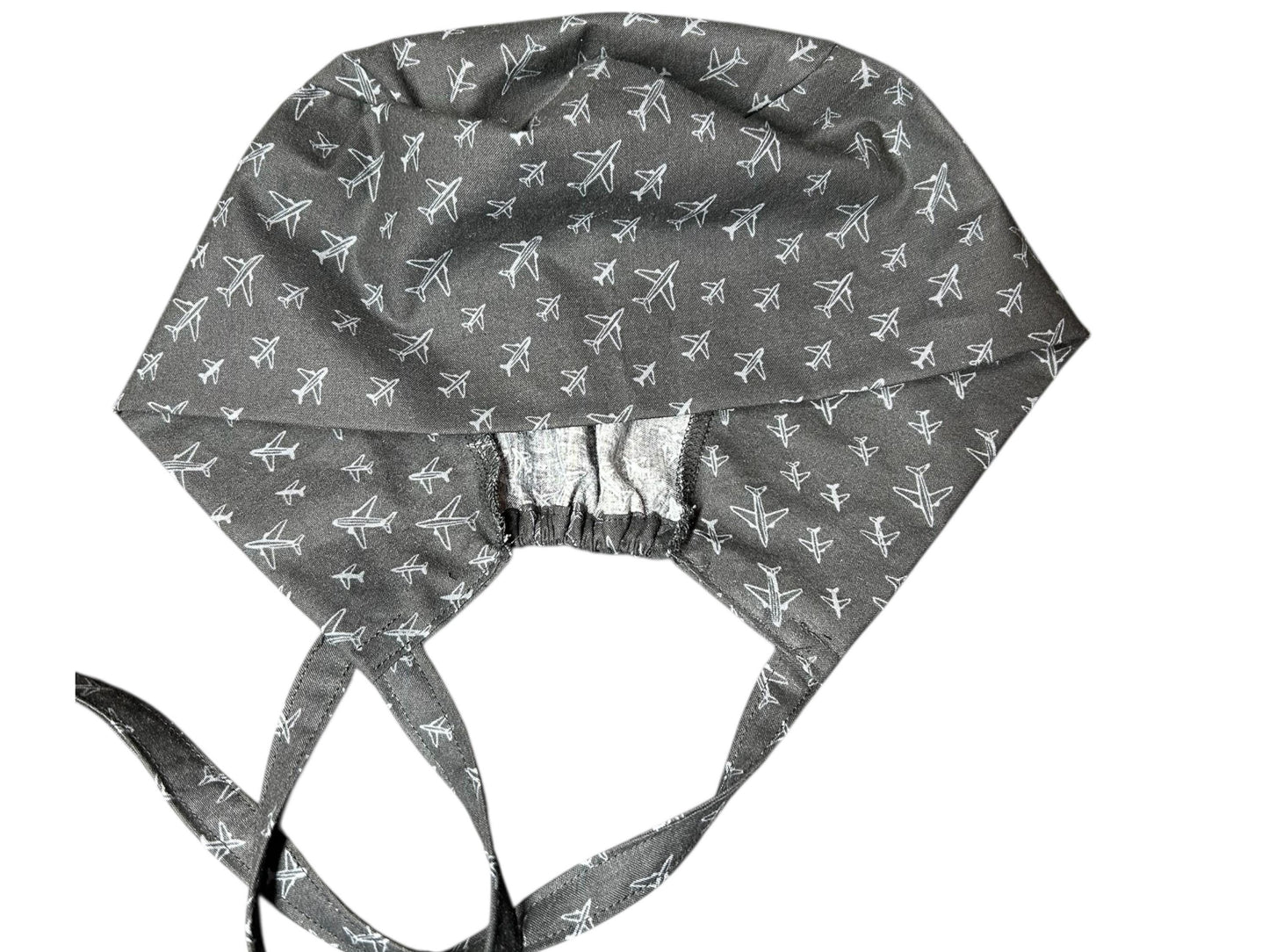 Scrub caps for men: Black and Gray Airplane print, surgeon style with ties