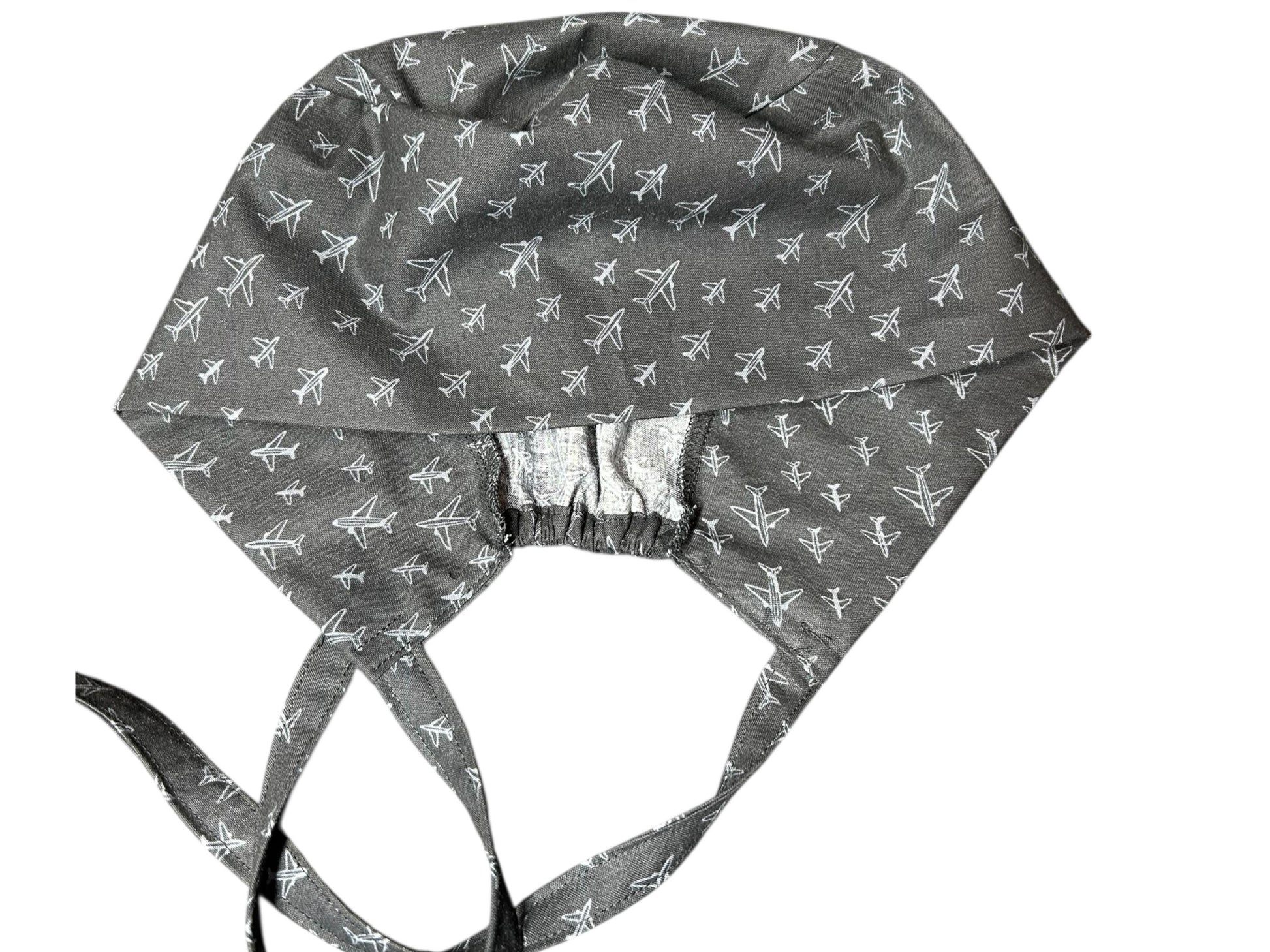 Scrub caps for men: Black and Gray Airplane print, surgeon style with ties