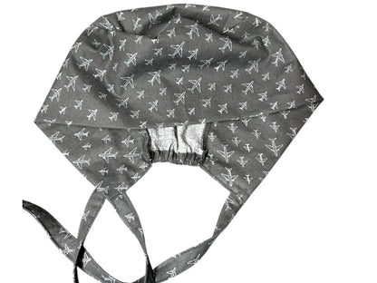 Scrub caps for men: Black and Gray Airplane print, surgeon style with ties