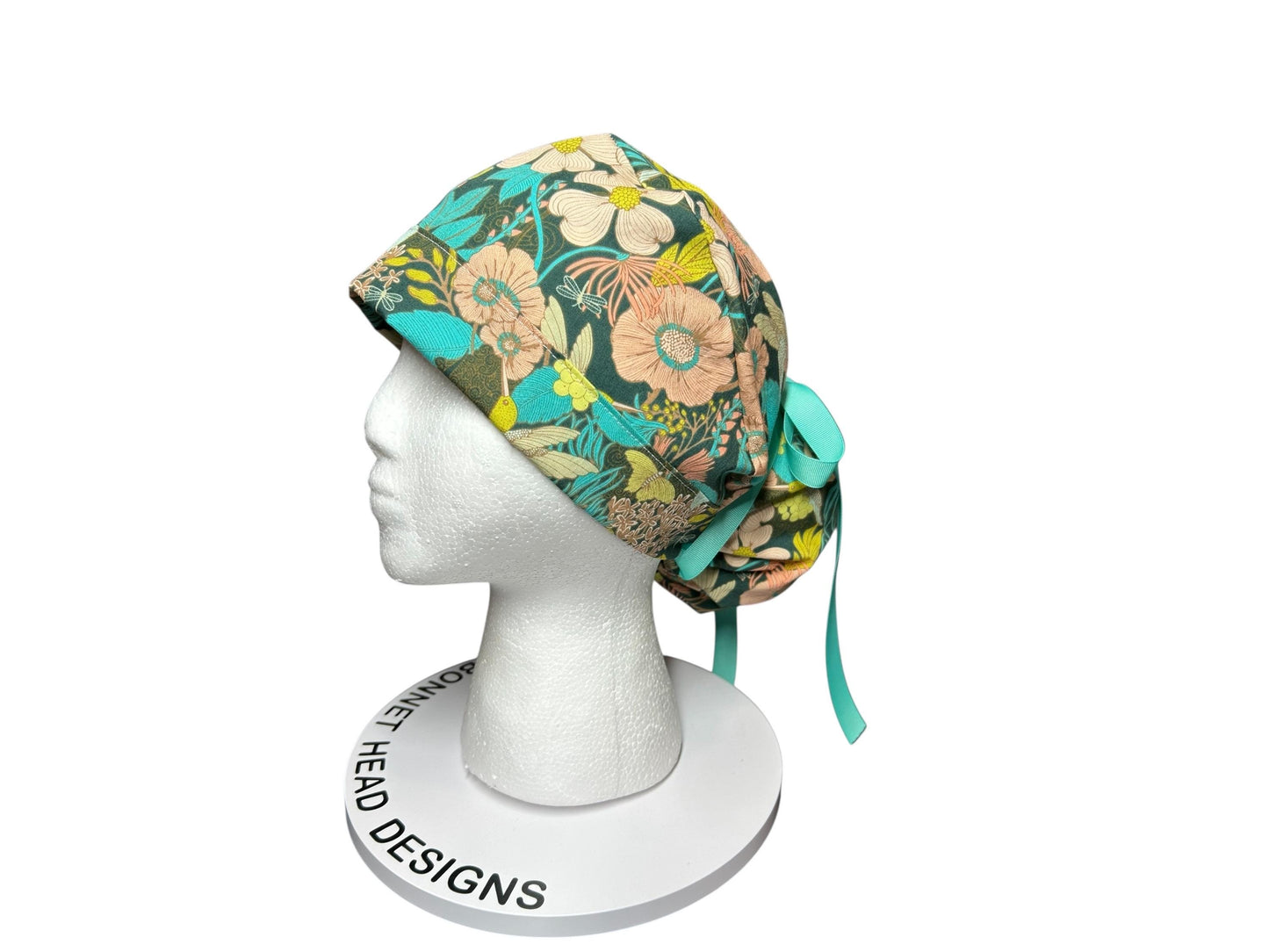 Art Gallery Spring Floral Ponytail Scrub Hat: Teal and Peach Floral