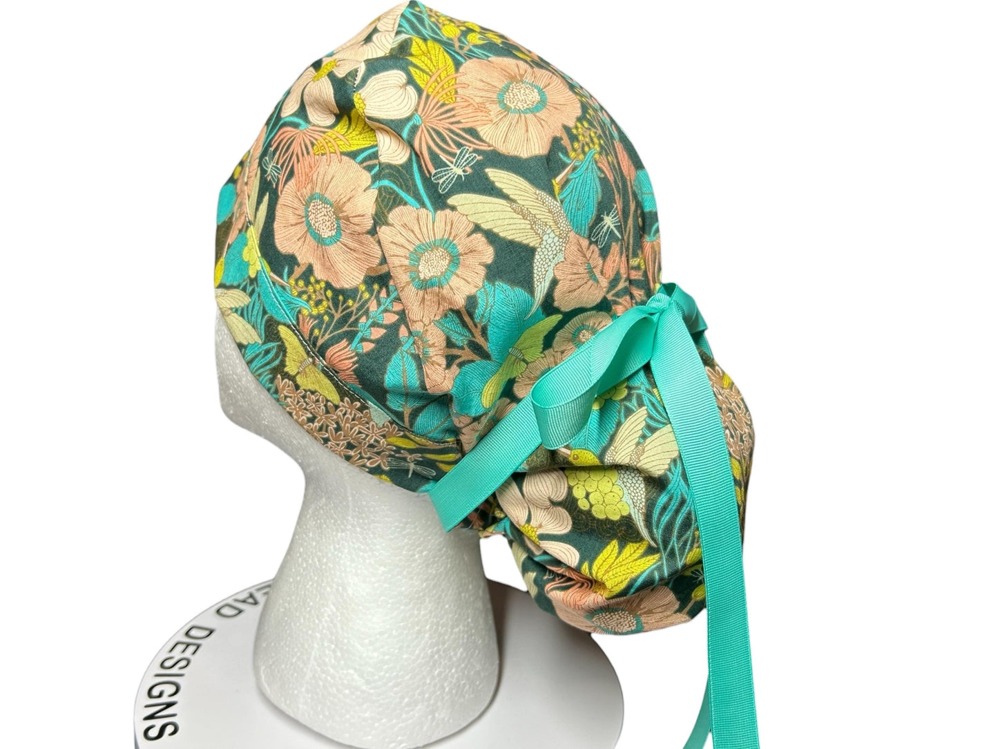 Art Gallery Spring Floral Ponytail Scrub Hat: Teal and Peach Floral