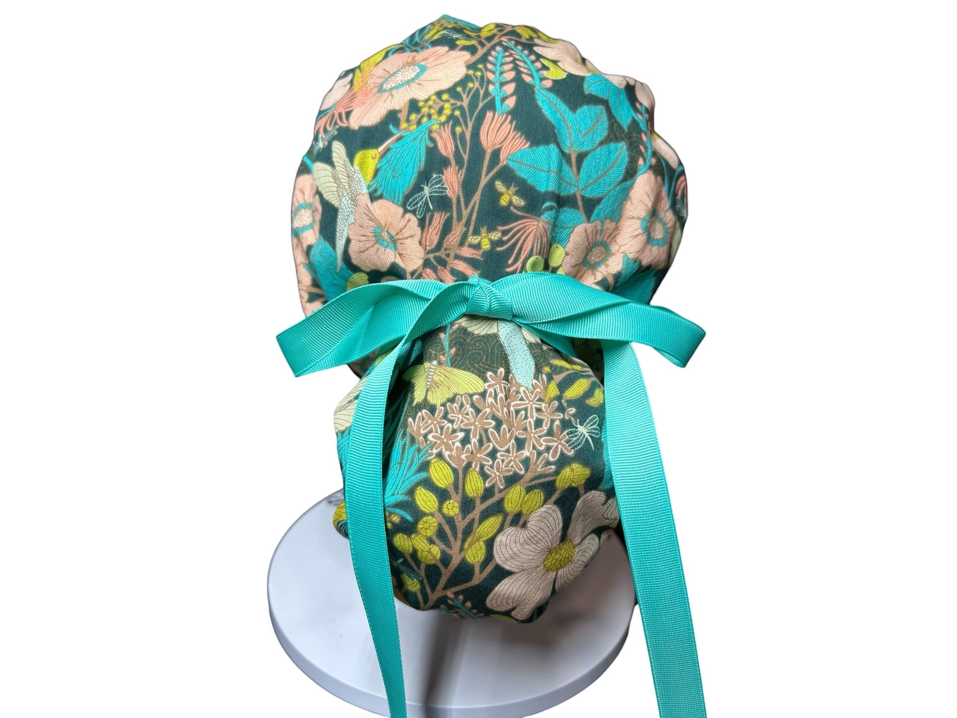 Art Gallery Spring Floral Ponytail Scrub Hat: Teal and Peach Floral