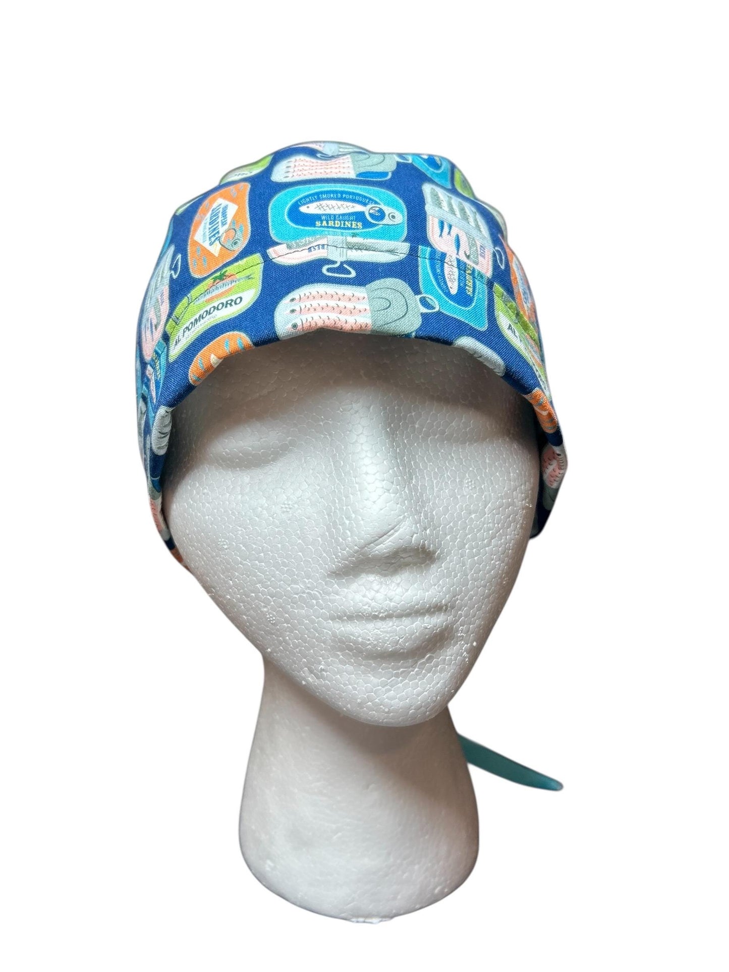 Sardines Print Ponytail Scrub Cap: Ribbon Tie, Adjustable, Optional Satin Lining