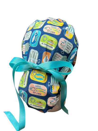 Sardines Print Ponytail Scrub Cap: Ribbon Tie, Adjustable, Optional Satin Lining