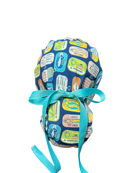 Sardines Print Ponytail Scrub Cap: Ribbon Tie, Adjustable, Optional Satin Lining
