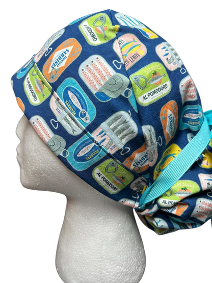 Sardines Print Ponytail Scrub Cap: Ribbon Tie, Adjustable, Optional Satin Lining