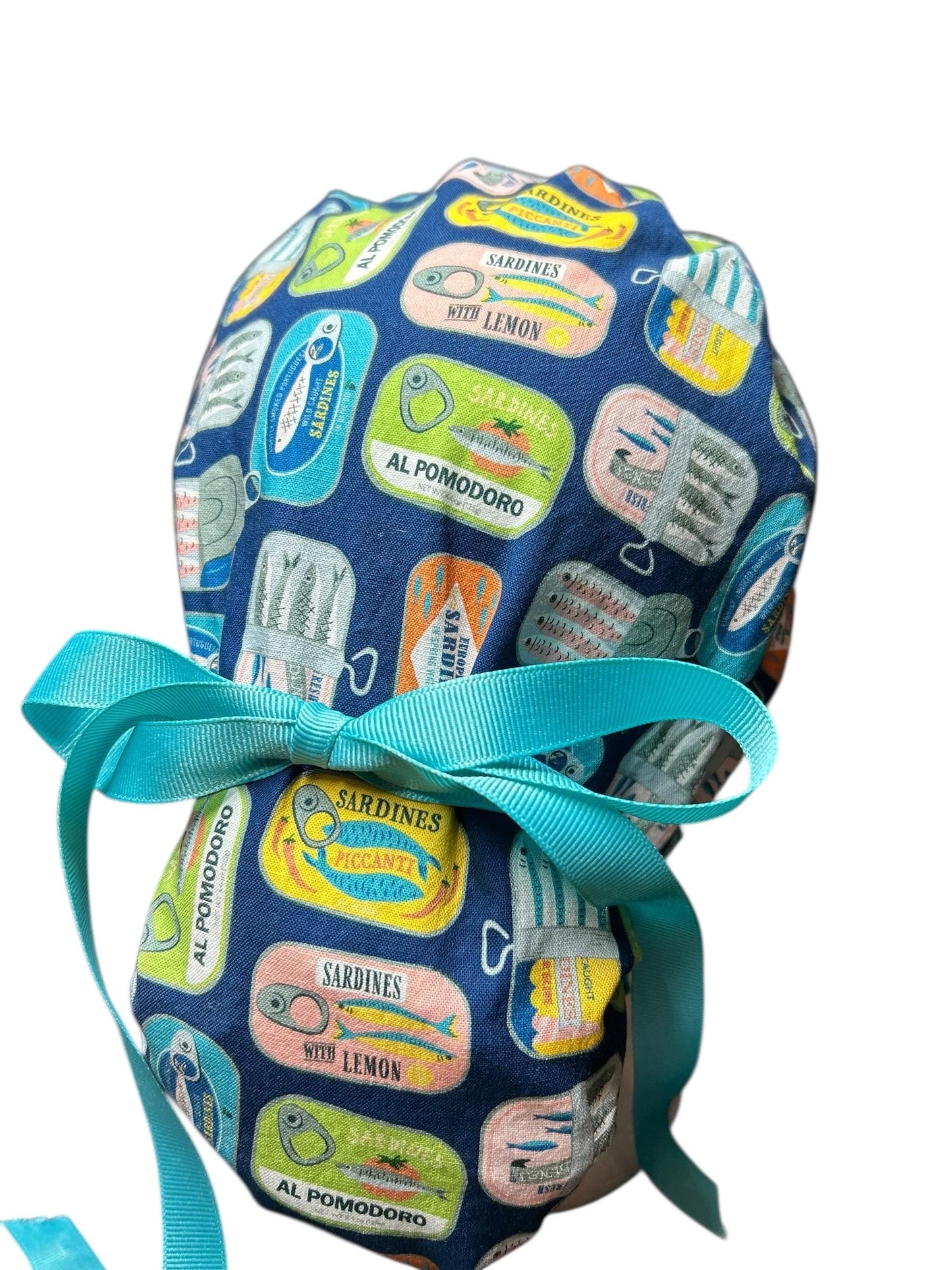 Sardines Print Ponytail Scrub Cap: Ribbon Tie, Adjustable, Optional Satin Lining