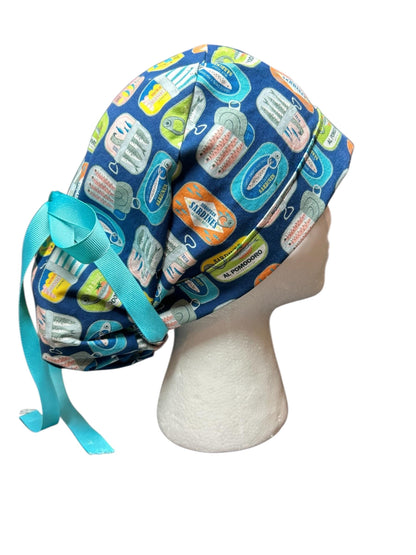 Sardines Print Ponytail Scrub Cap: Ribbon Tie, Adjustable, Optional Satin Lining