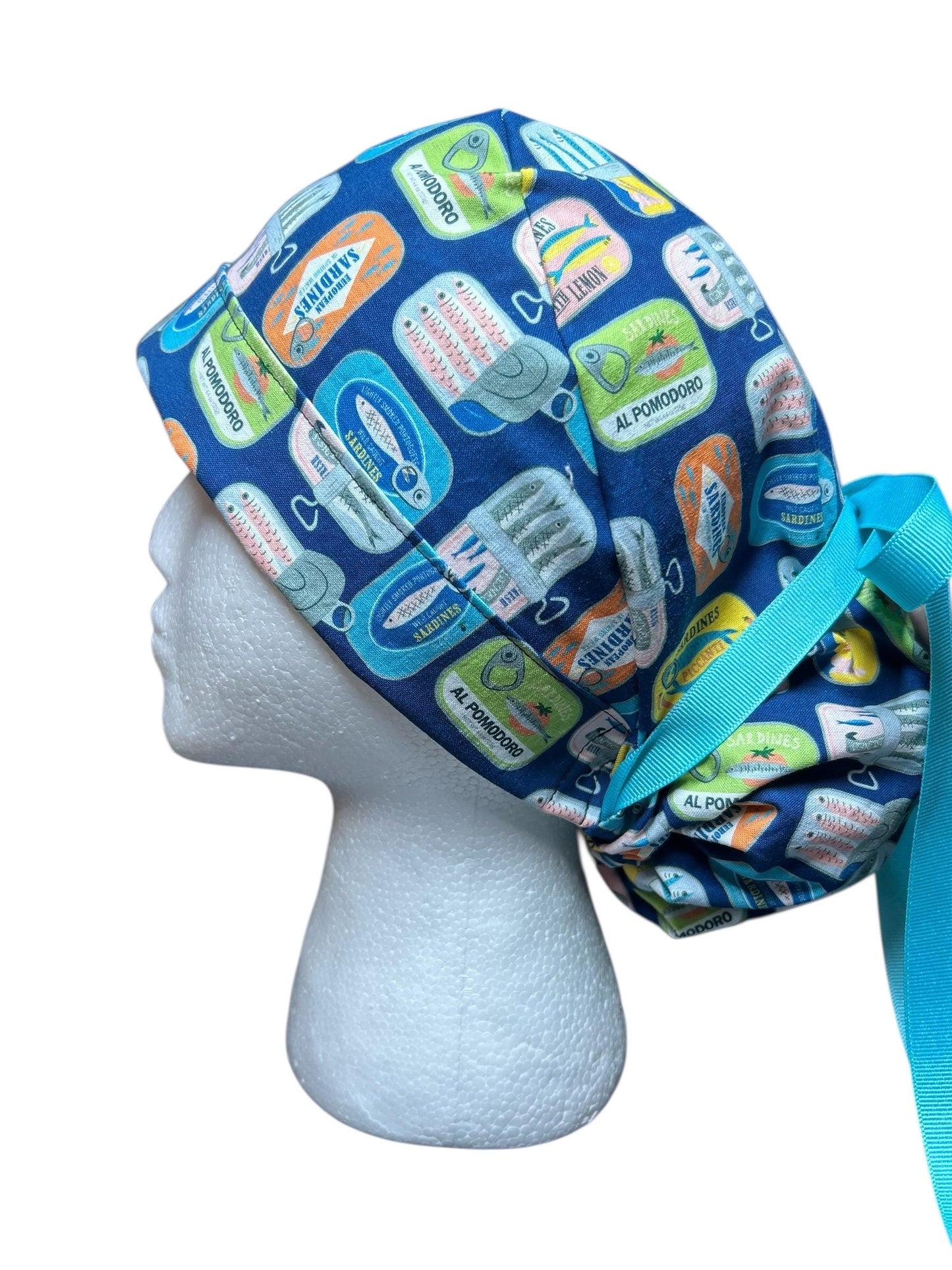 Sardines Print Ponytail Scrub Cap: Ribbon Tie, Adjustable, Optional Satin Lining