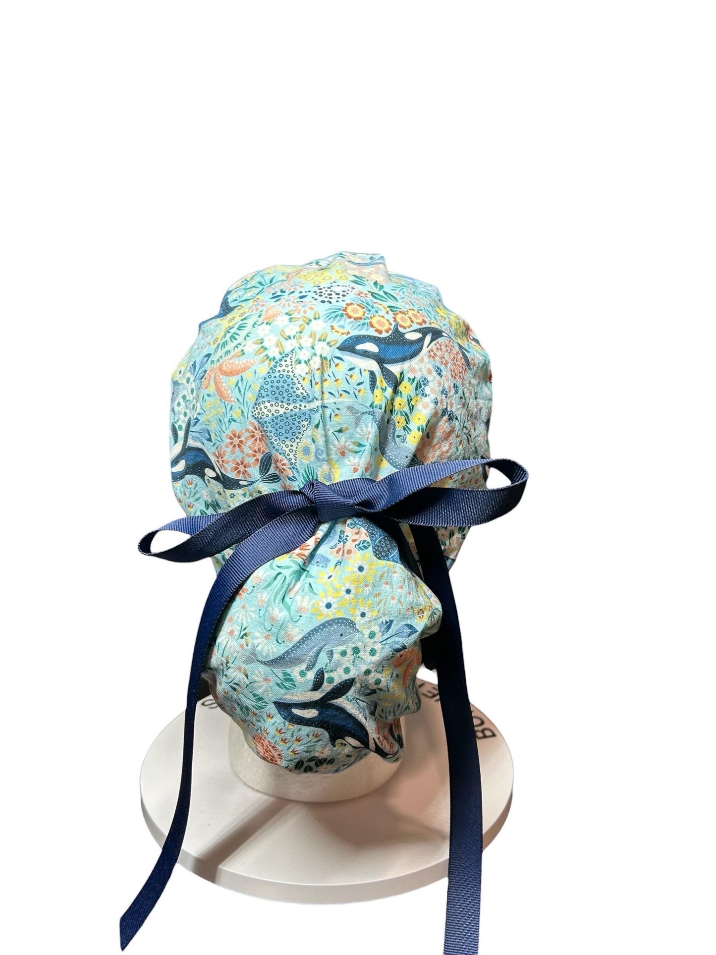 Ocean Orca Whale Floral Ponytail Scrub Hat| spring scrub cap for women with optional satin lining