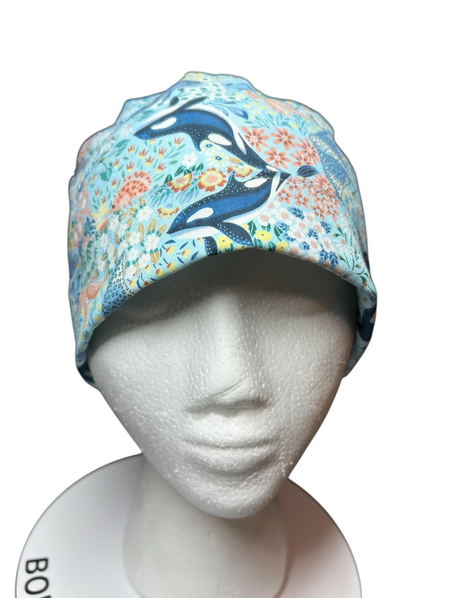 Ocean Orca Whale Floral Ponytail Scrub Hat| spring scrub cap for women with optional satin lining