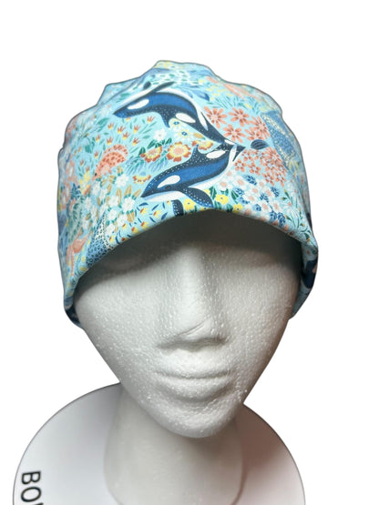 Ocean Orca Whale Floral Ponytail Scrub Hat| spring scrub cap for women with optional satin lining