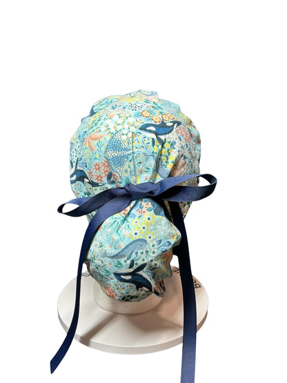 Ocean Orca Whale Floral Ponytail Scrub Hat| spring scrub cap for women with optional satin lining