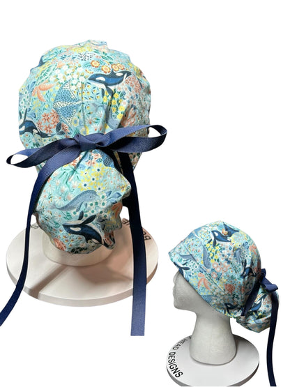 Ocean Orca Whale Floral Ponytail Scrub Hat| spring scrub cap for women with optional satin lining