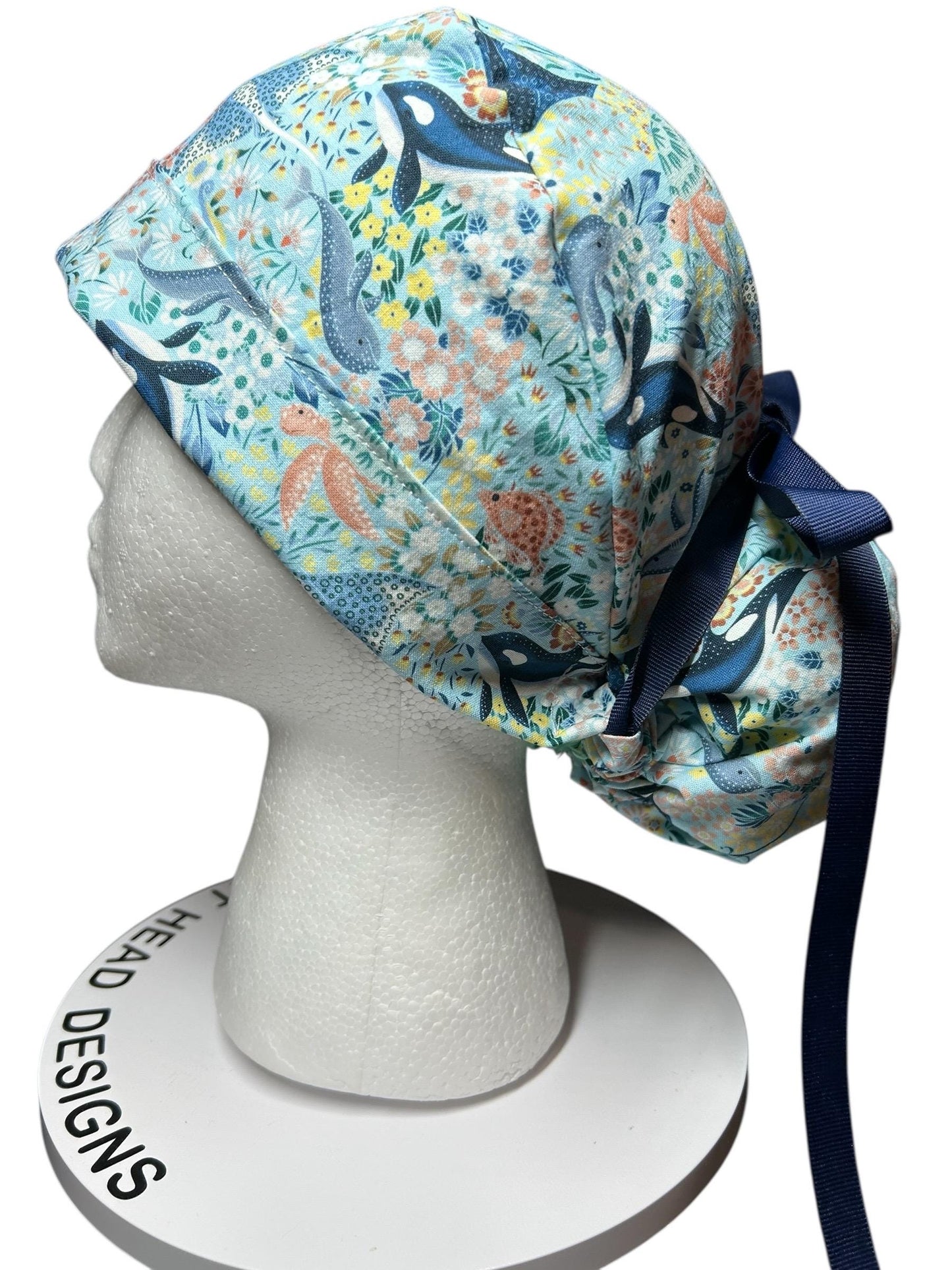 Ocean Orca Whale Floral Ponytail Scrub Hat| spring scrub cap for women with optional satin lining