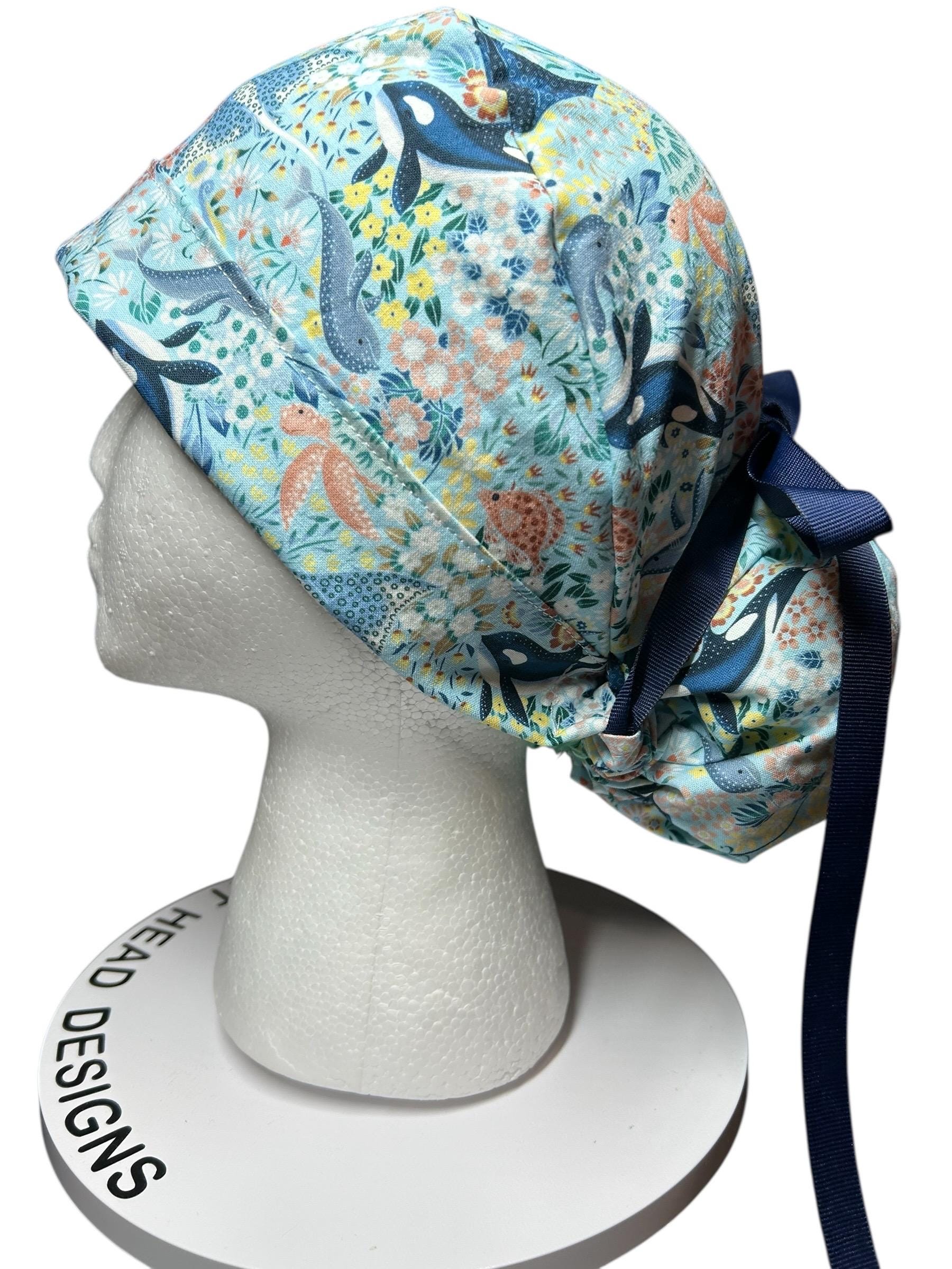 Ocean Orca Whale Floral Ponytail Scrub Hat| spring scrub cap for women with optional satin lining