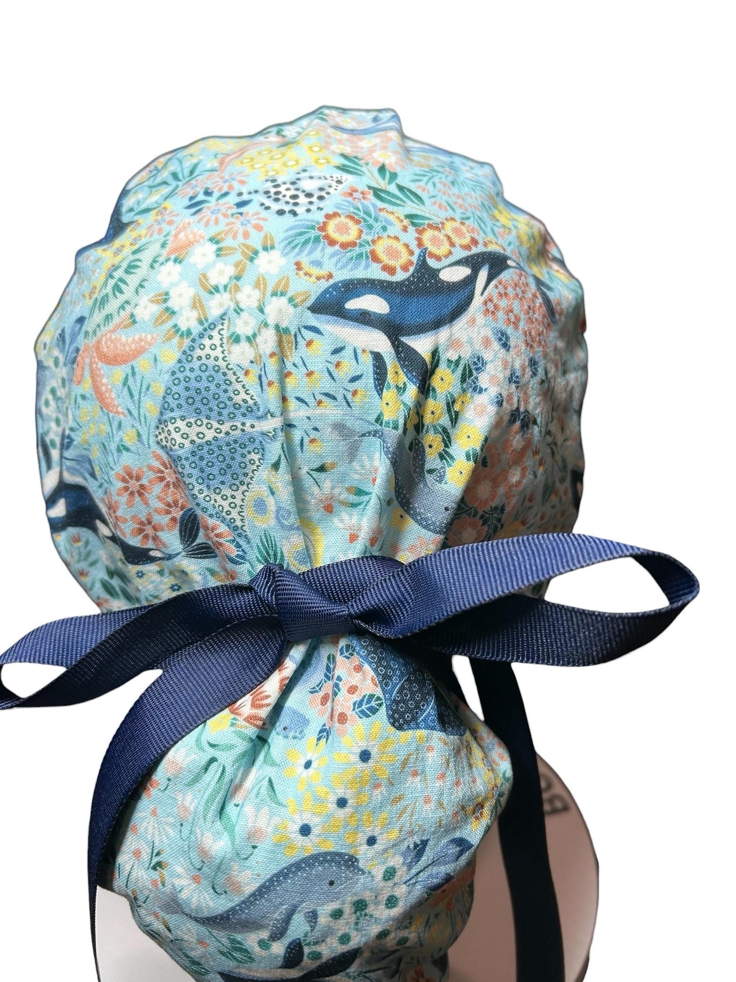 Ocean Orca Whale Floral Ponytail Scrub Hat| spring scrub cap for women with optional satin lining