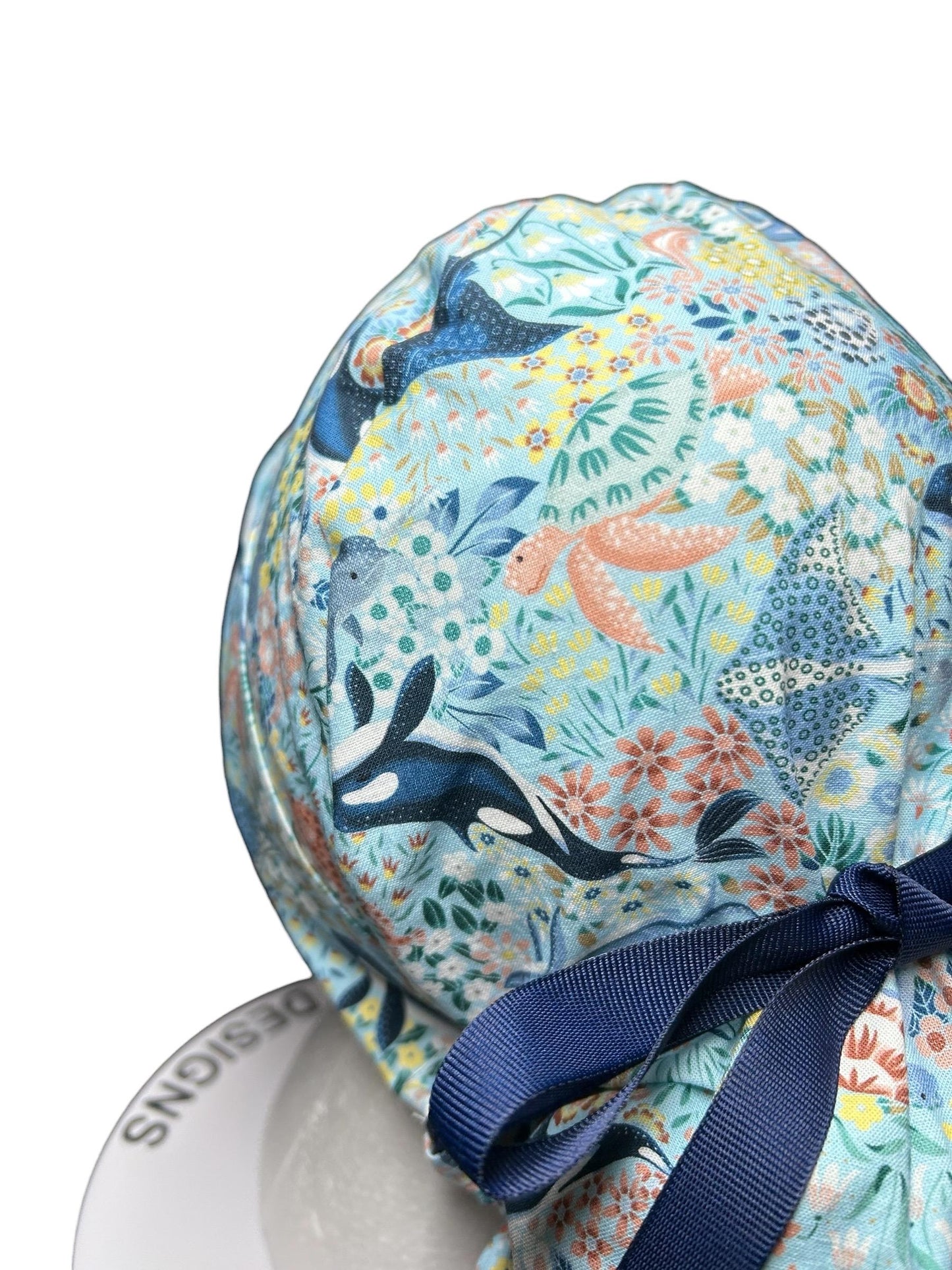 Ocean Orca Whale Floral Ponytail Scrub Hat| spring scrub cap for women with optional satin lining