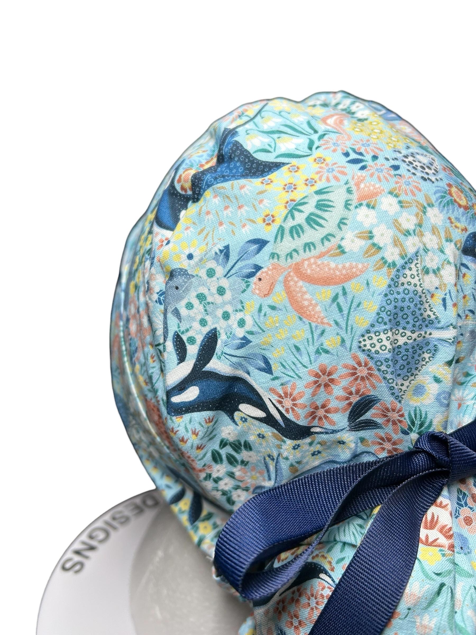 Ocean Orca Whale Floral Ponytail Scrub Hat| spring scrub cap for women with optional satin lining