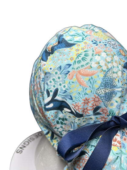 Ocean Orca Whale Floral Ponytail Scrub Hat| spring scrub cap for women with optional satin lining