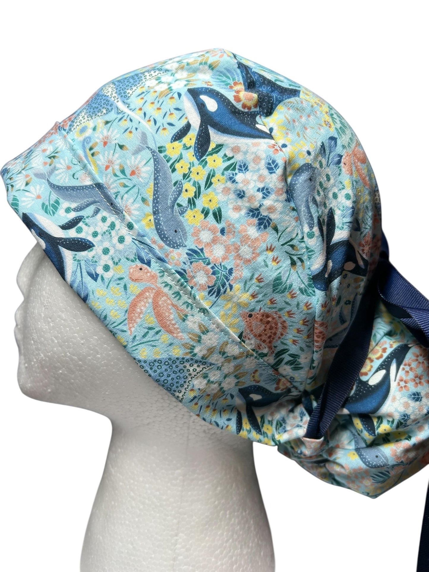 Ocean Orca Whale Floral Ponytail Scrub Hat| spring scrub cap for women with optional satin lining