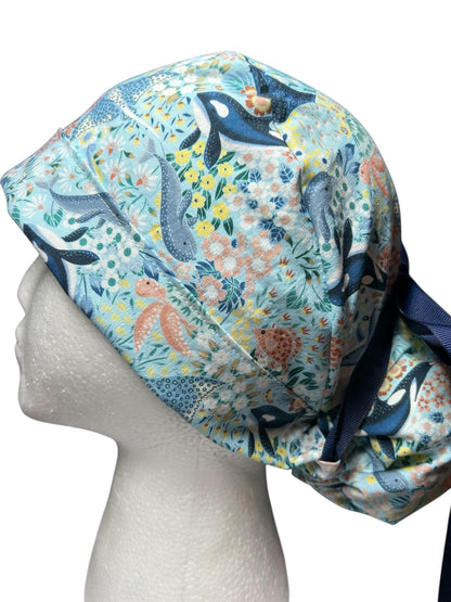 Ocean Orca Whale Floral Ponytail Scrub Hat| spring scrub cap for women with optional satin lining