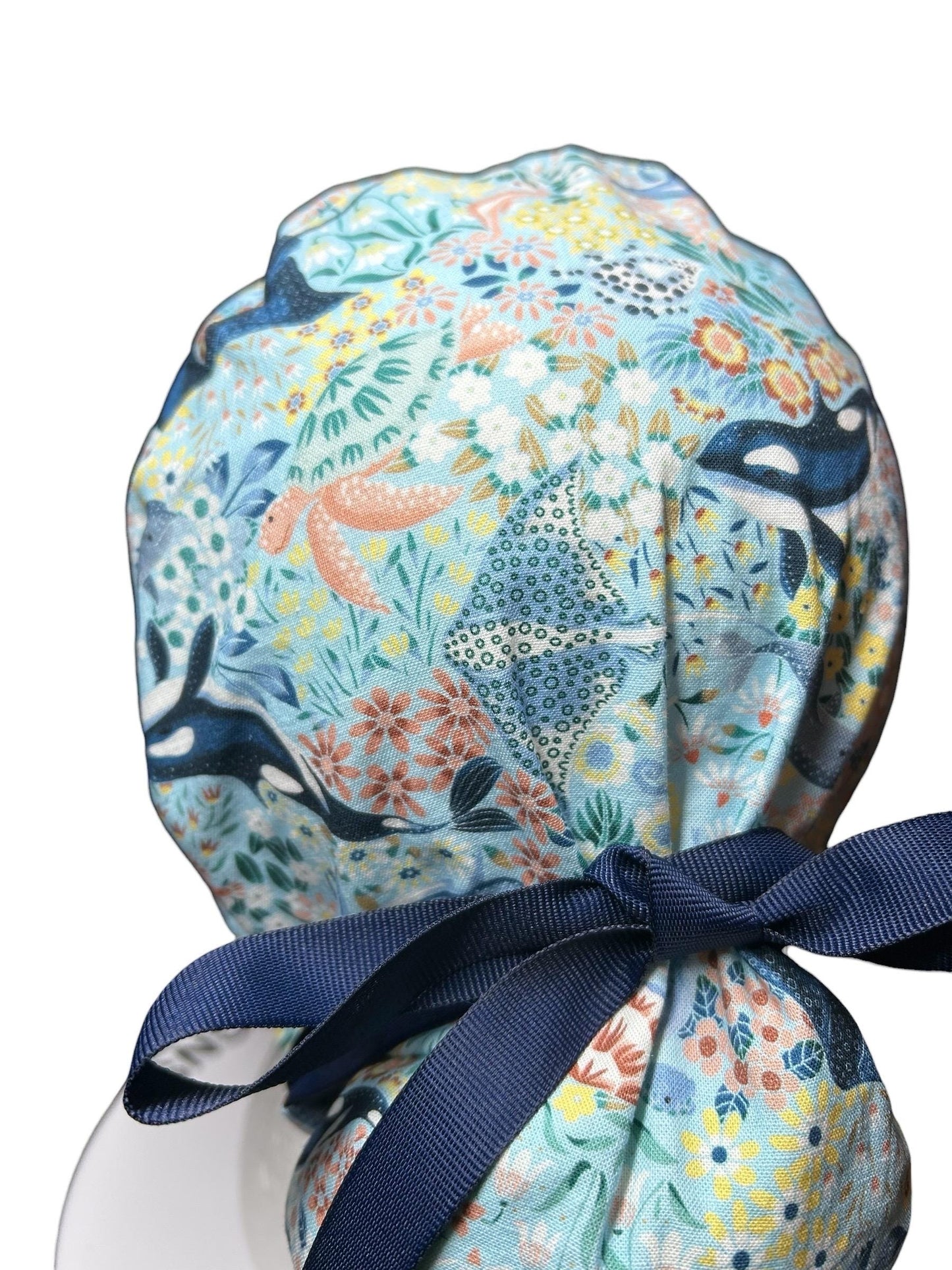 Ocean Orca Whale Floral Ponytail Scrub Hat| spring scrub cap for women with optional satin lining