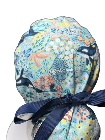 Ocean Orca Whale Floral Ponytail Scrub Hat| spring scrub cap for women with optional satin lining