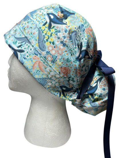 Ocean Orca Whale Floral Ponytail Scrub Hat| spring scrub cap for women with optional satin lining