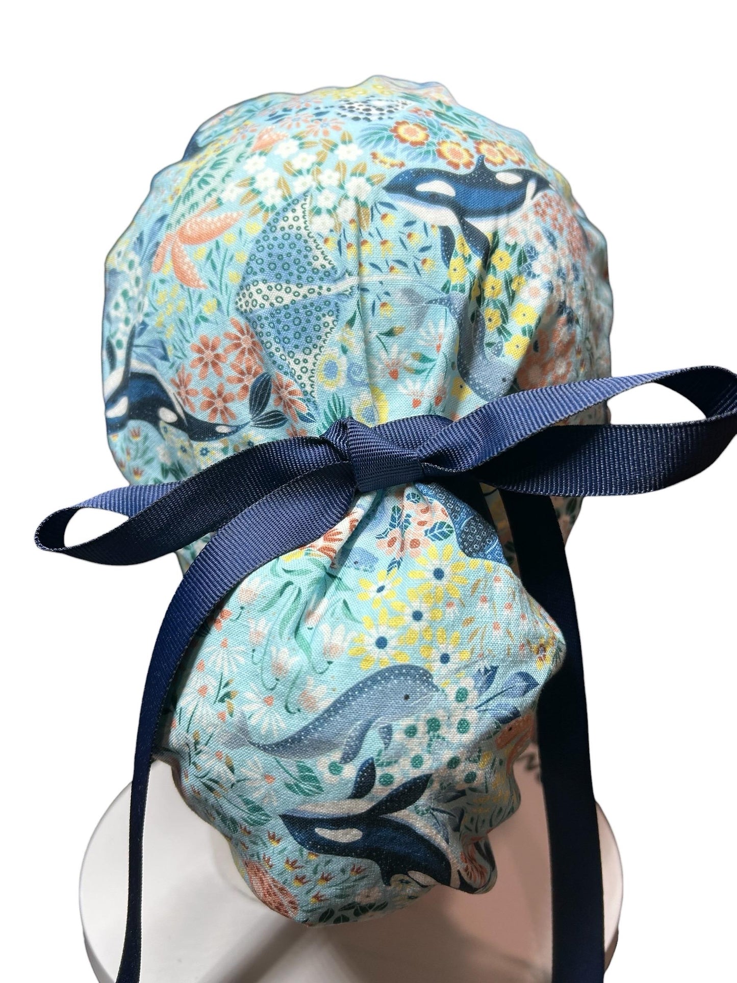 Ocean Orca Whale Floral Ponytail Scrub Hat| spring scrub cap for women with optional satin lining