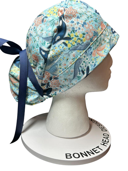 Ocean Orca Whale Floral Ponytail Scrub Hat| spring scrub cap for women with optional satin lining