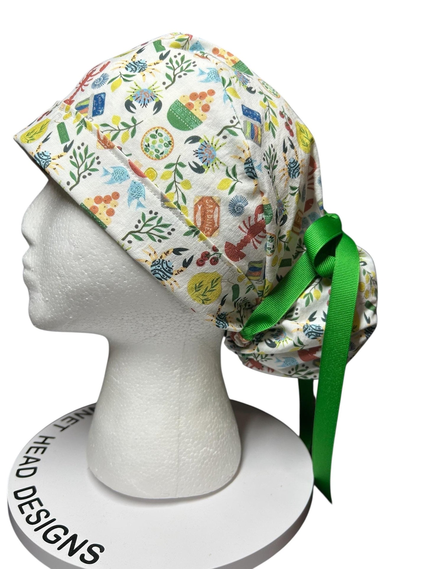 Olive Love You Women’s Ponytail Scrub Cap | fun lobster scrub hat with satin lining option