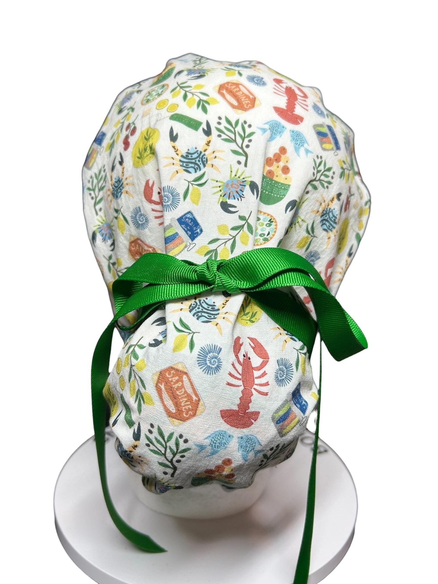 Olive Love You Women’s Ponytail Scrub Cap | fun lobster scrub hat with satin lining option