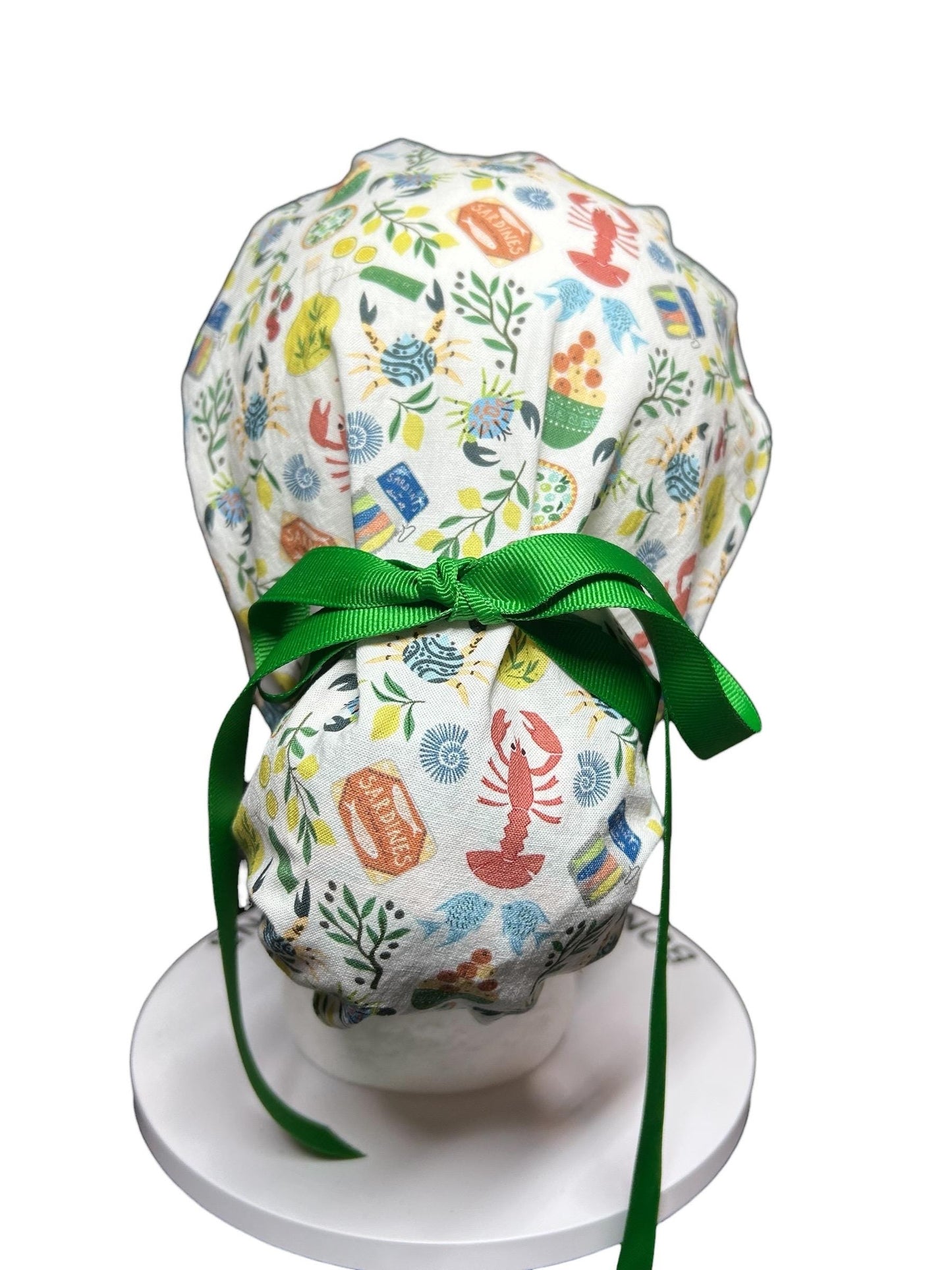 Olive Love You Women’s Ponytail Scrub Cap | fun lobster scrub hat with satin lining option